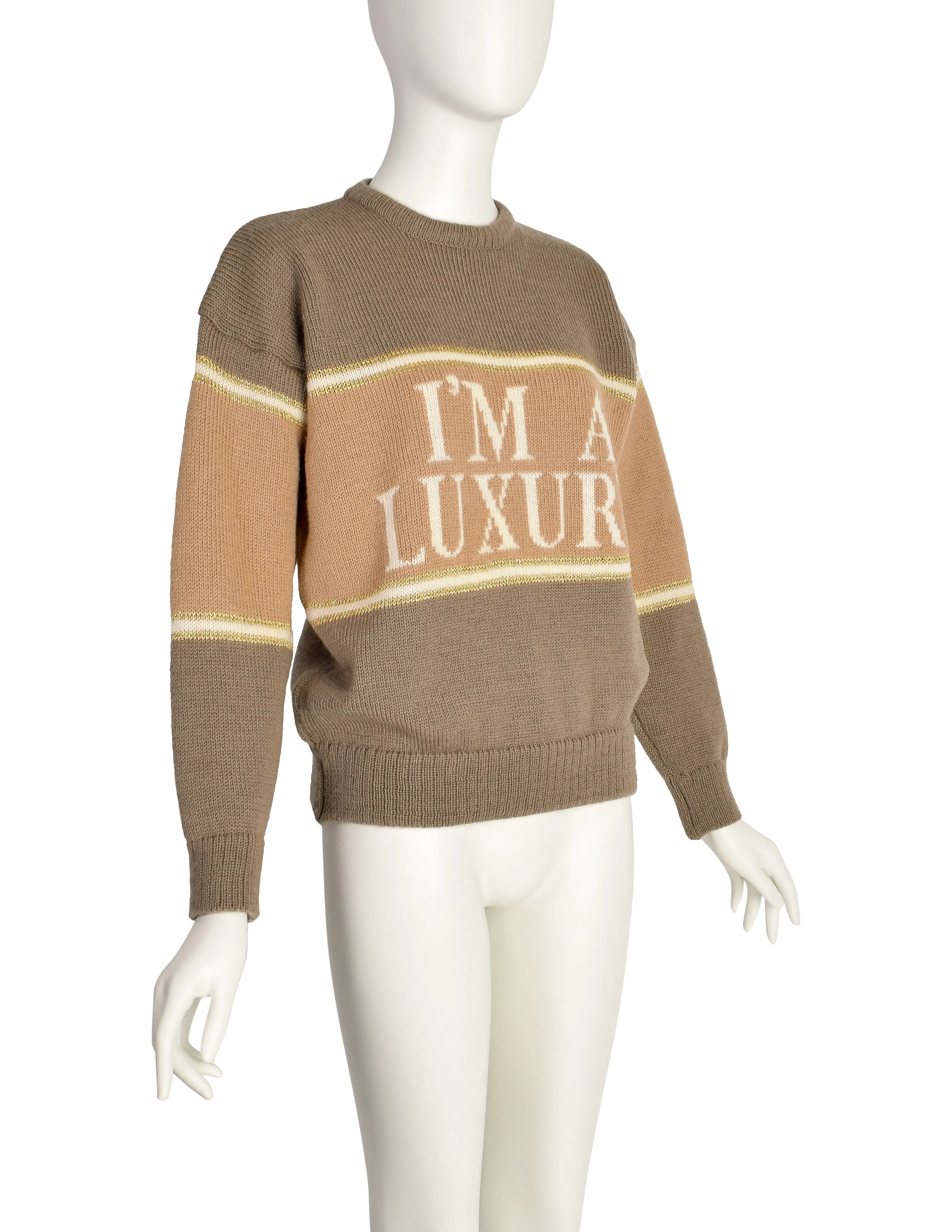 1980s Vintage I'm A Luxury Few Can Afford Beige Statement Novelty Knit Wool Sweater