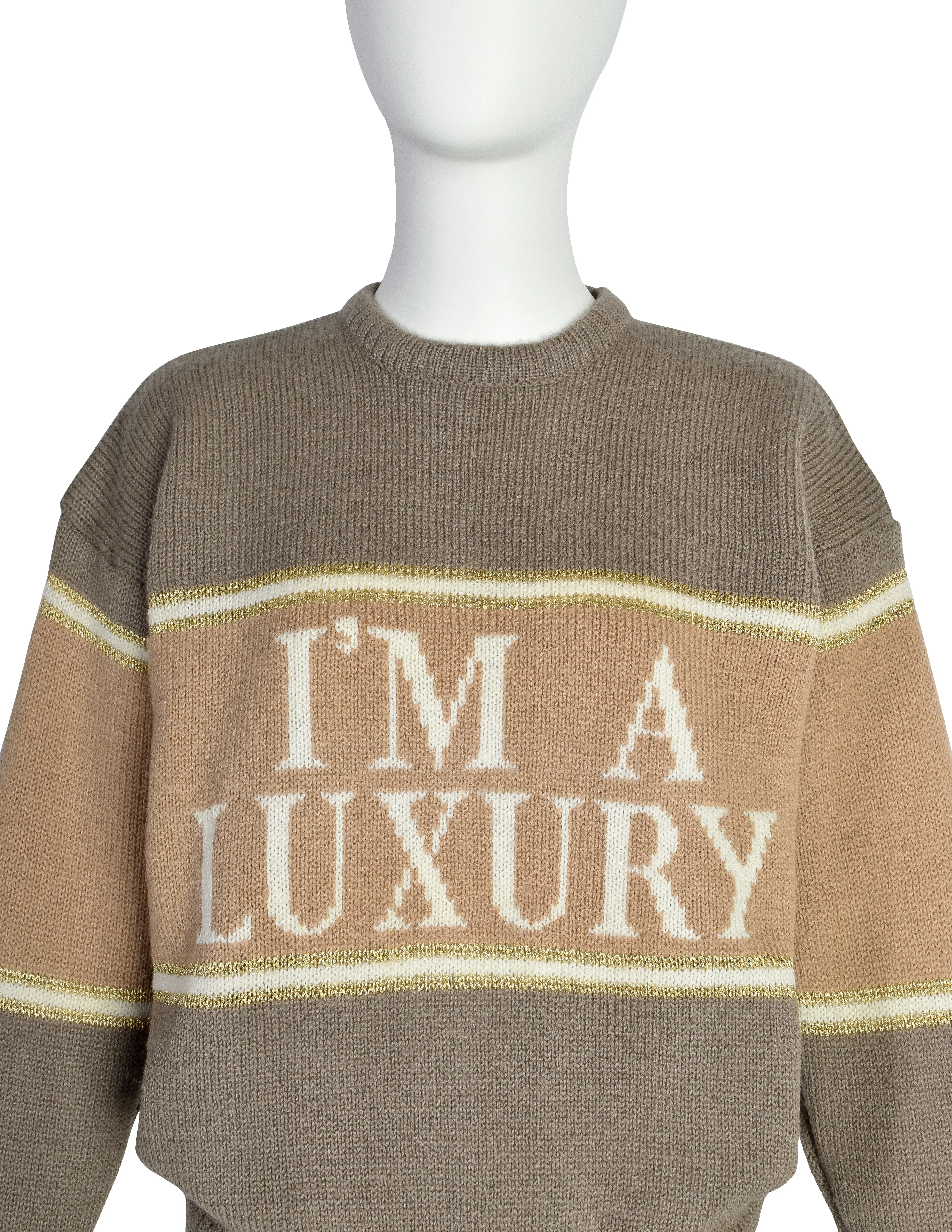 1980s Vintage I'm A Luxury Few Can Afford Beige Statement Novelty Knit Wool Sweater