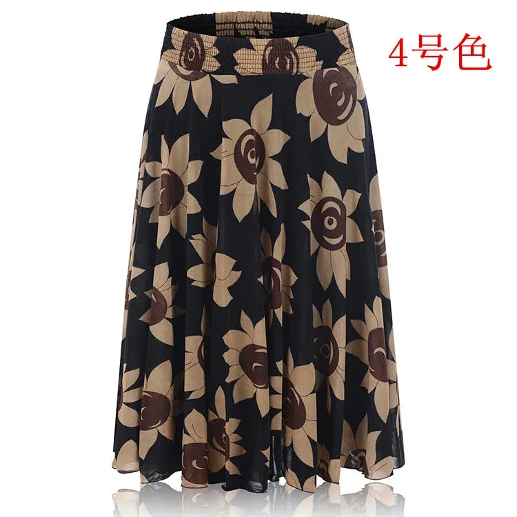 2023 Fall Middle-aged Half-length Skirt Mother Wear Elastic Waist Pleated Women Polka Dot Flower Ladies Skirts