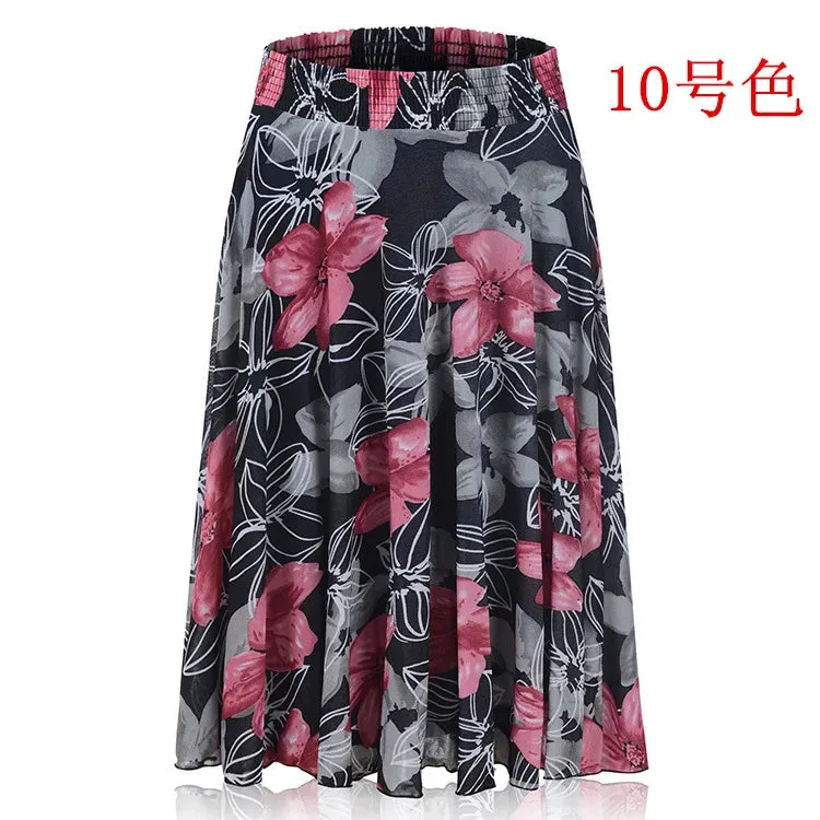 2023 Fall Middle-aged Half-length Skirt Mother Wear Elastic Waist Pleated Women Polka Dot Flower Ladies Skirts