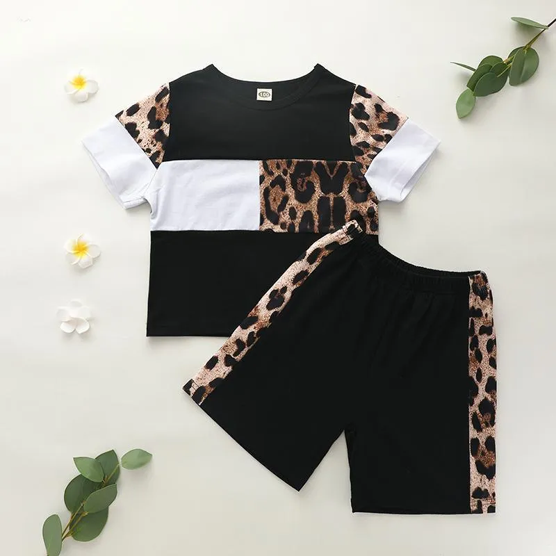 2pcs Fashion Leopard Color-block T-shirt and Pants