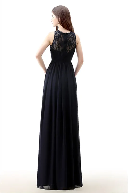 A Line Sleeveless Lace Chiffon Long Black Prom Dresses