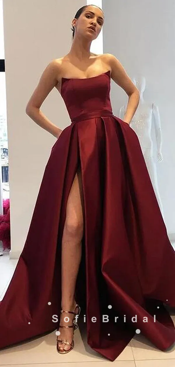 A-Line Strapless Burgundy Satin Cheap Floor Length Prom Dresses With Slit,SFPD0051