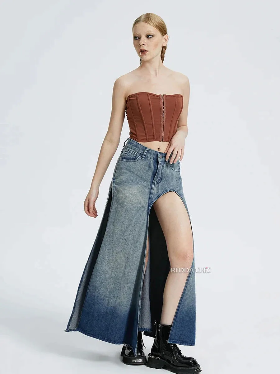 Asymmetric Leggy Open Slit High Waist Denim Skirts