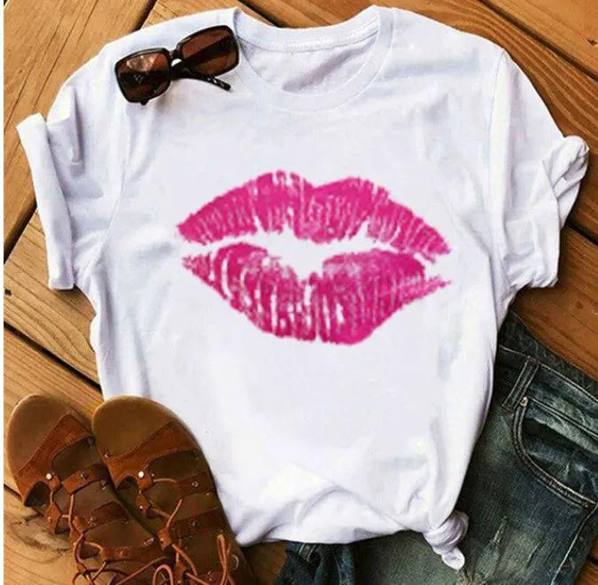 Awesome Red Lips Print Women Casual T Shirts