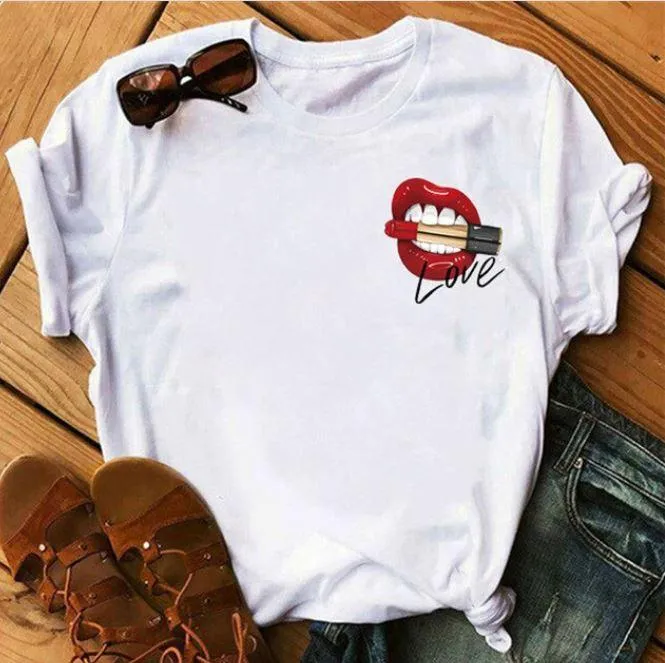 Awesome Red Lips Print Women Casual T Shirts