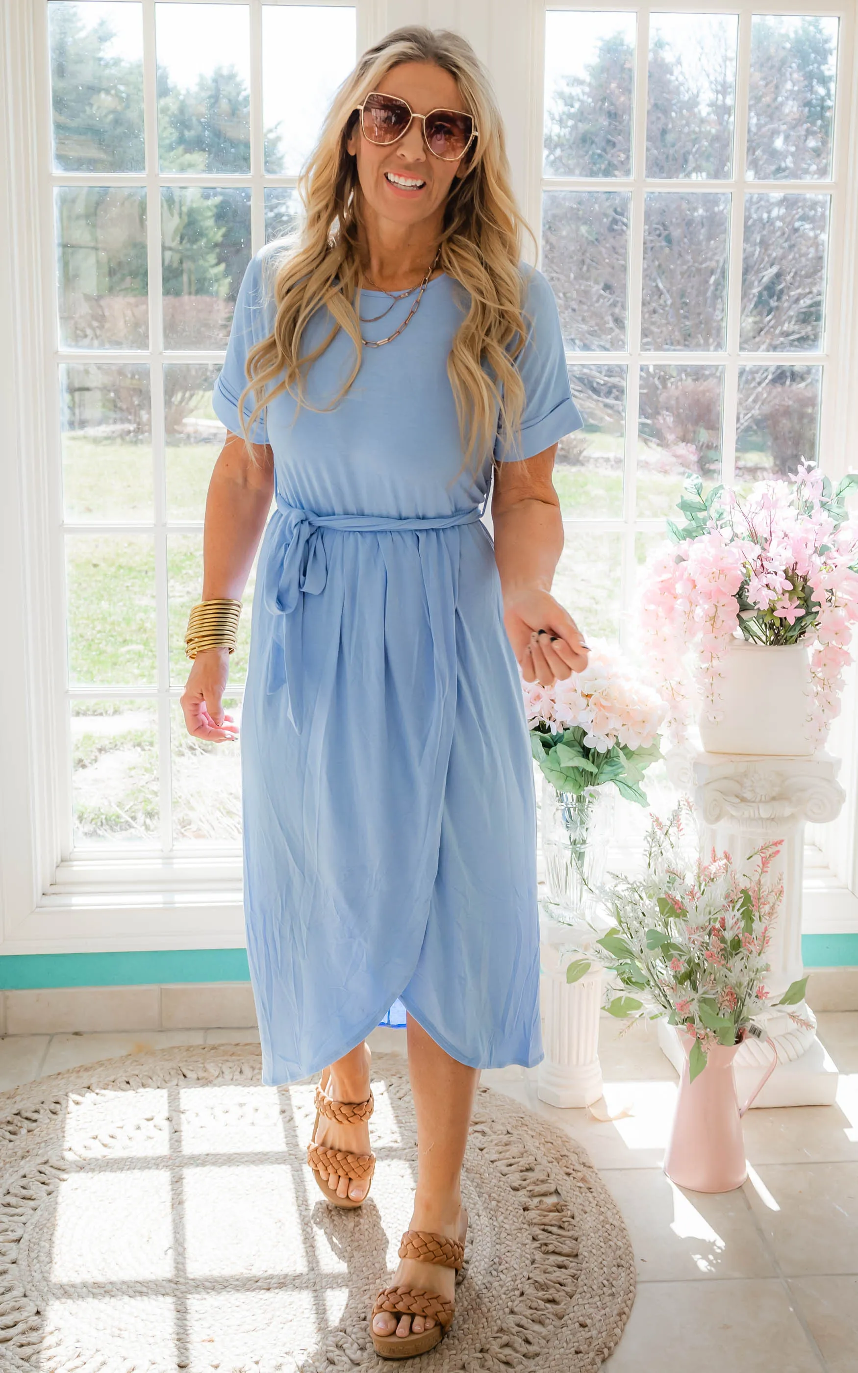 Belted Short Sleeve Tulip Dress - Final Sale