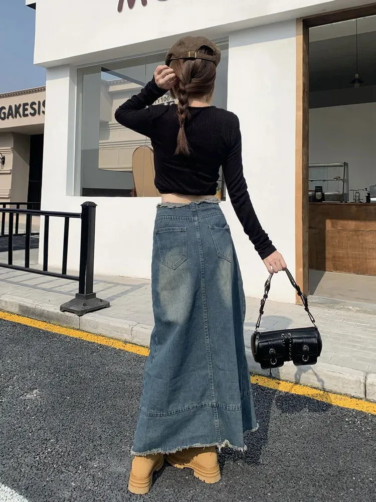 Button Fly Front Leggy Slit High Waist Denim Skirts