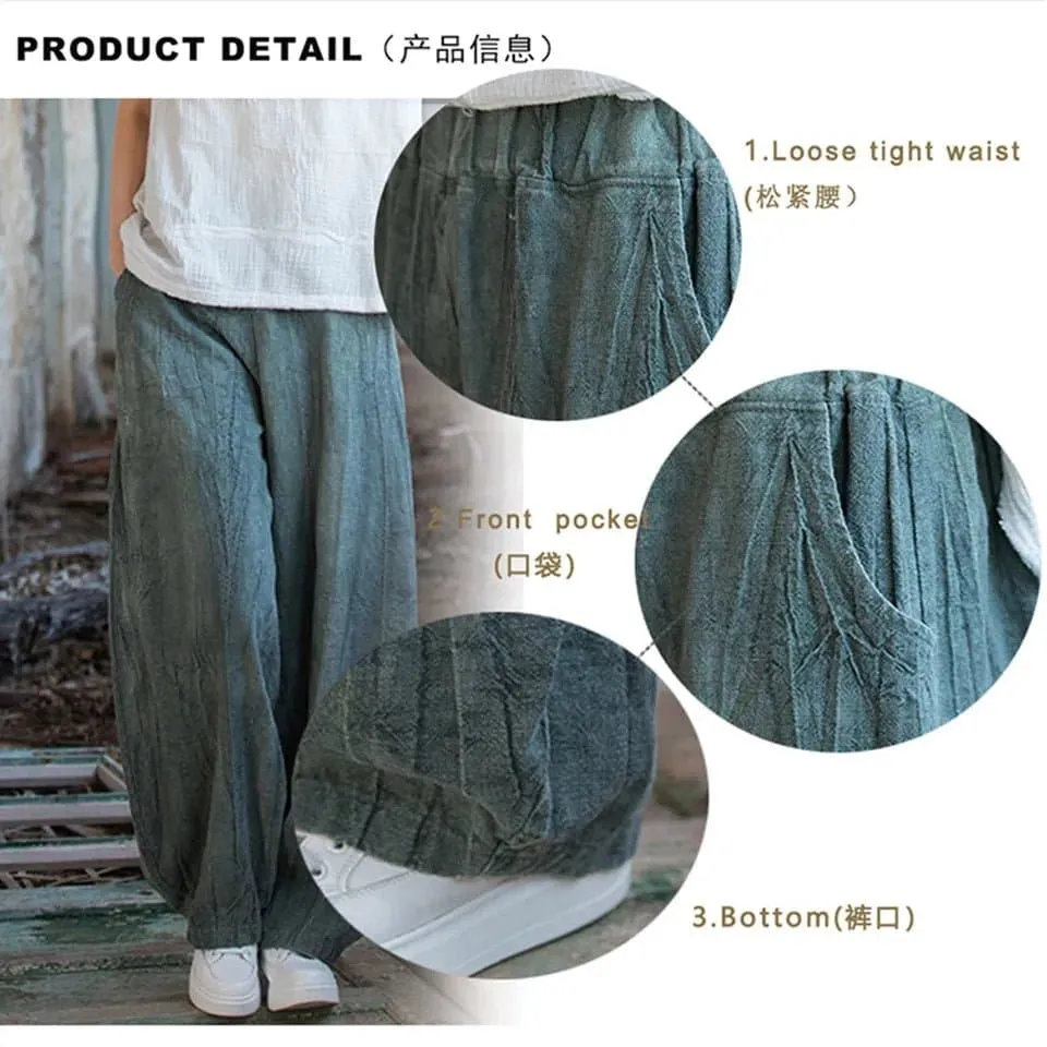 Cotton Linen Baggy Cargo Pants - Casual Loose Fit Twill Bloomers for Women