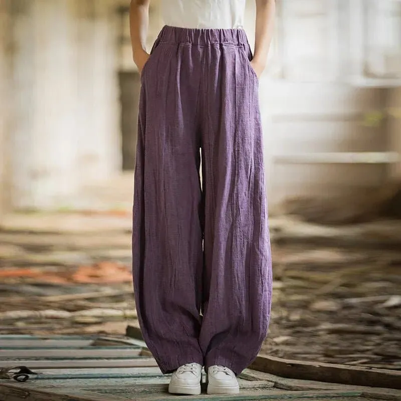 Cotton Linen Baggy Cargo Pants - Casual Loose Fit Twill Bloomers for Women