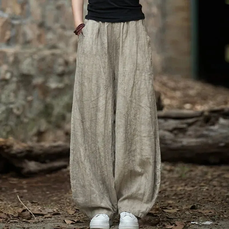 Cotton Linen Baggy Cargo Pants - Casual Loose Fit Twill Bloomers for Women