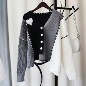 Cozy Love Heart Patchwork Design Knitted Cardigan Sweaters