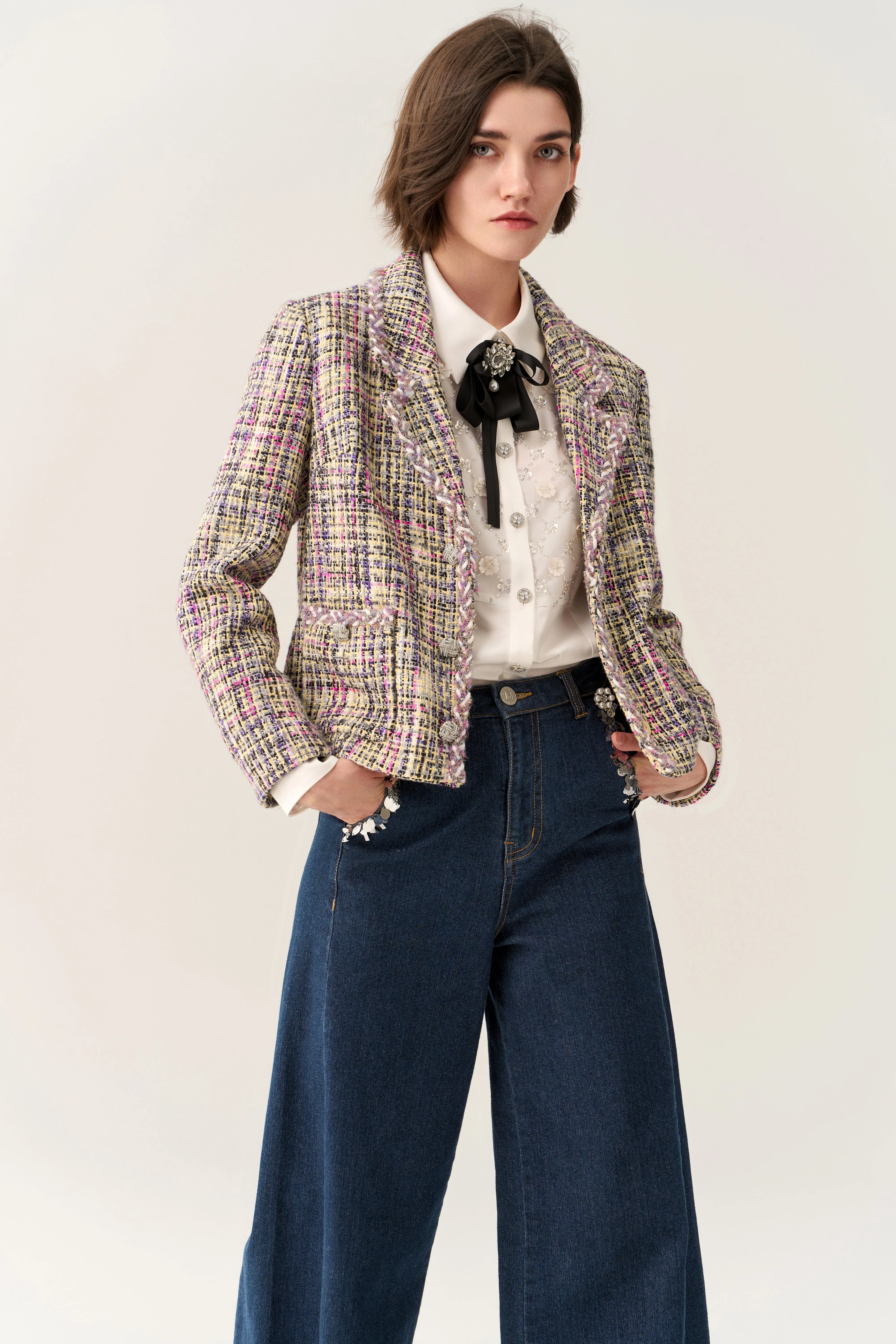 Cropped Braided Hem Tweed Jacket