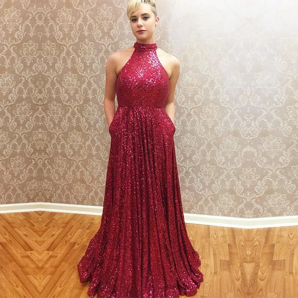 Dark Red Sequin Halter A-line Pockets Simple  Long Prom Dresses,PD00054