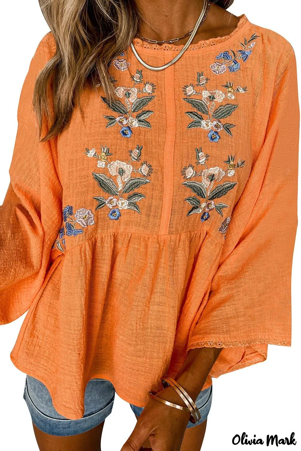 Deanwangkt - Orange Embroidered Kimono Sleeve Top