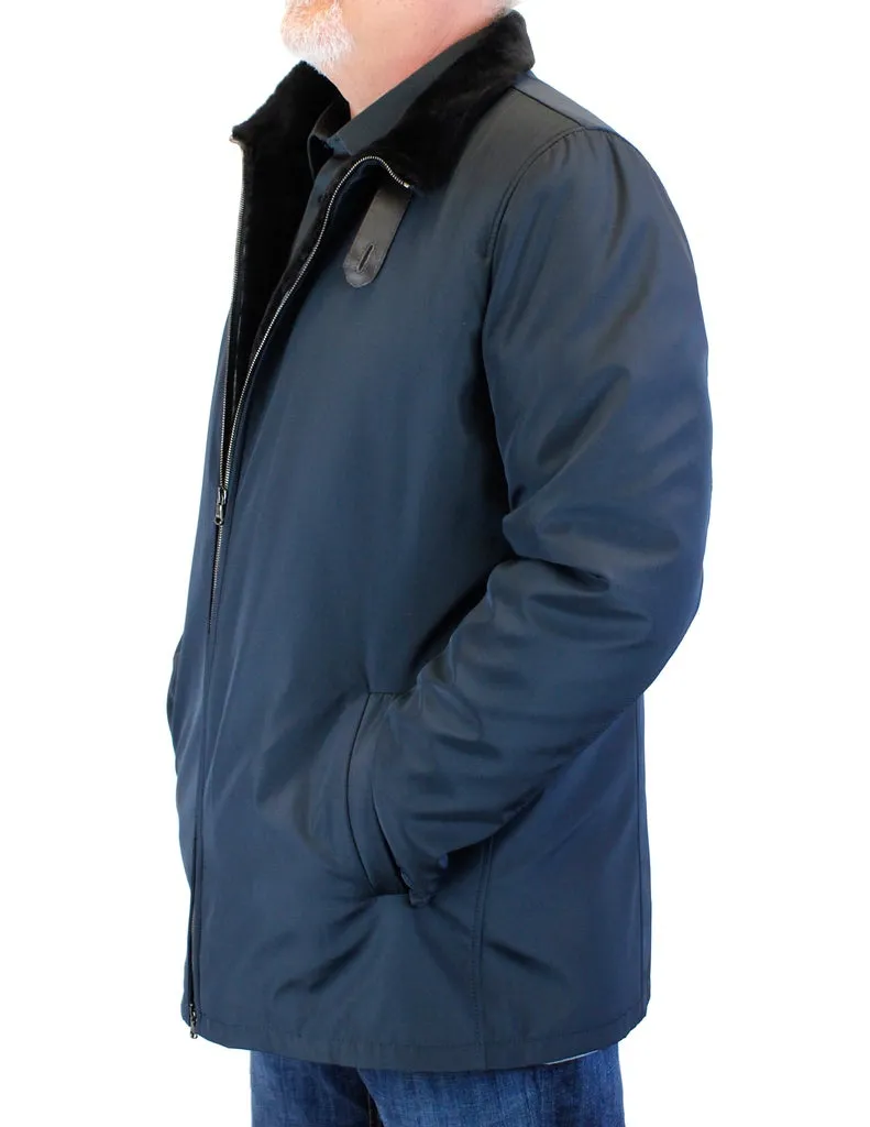 Di Bello Mens Navy Blue Raincoat - Merino Shearling-Lined Rain Jacket