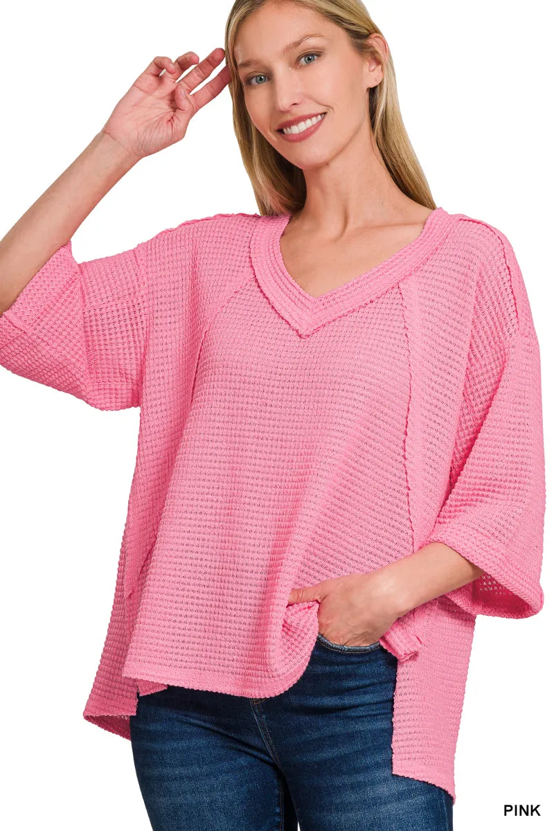 Exposed Seam 3/4 Sleeve Waffle Top