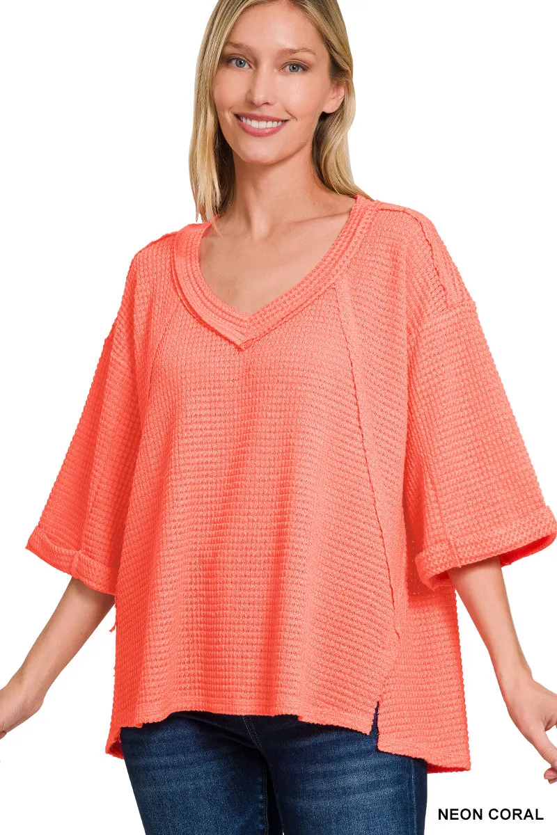 Exposed Seam 3/4 Sleeve Waffle Top