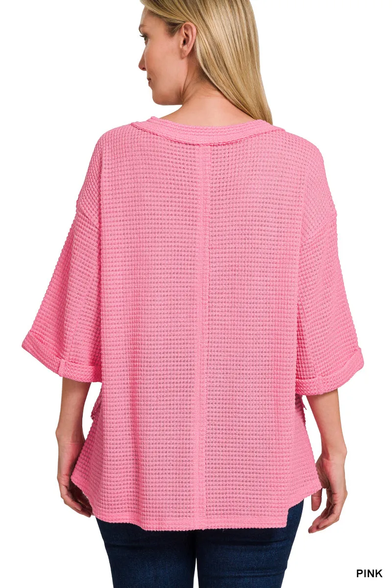 Exposed Seam 3/4 Sleeve Waffle Top