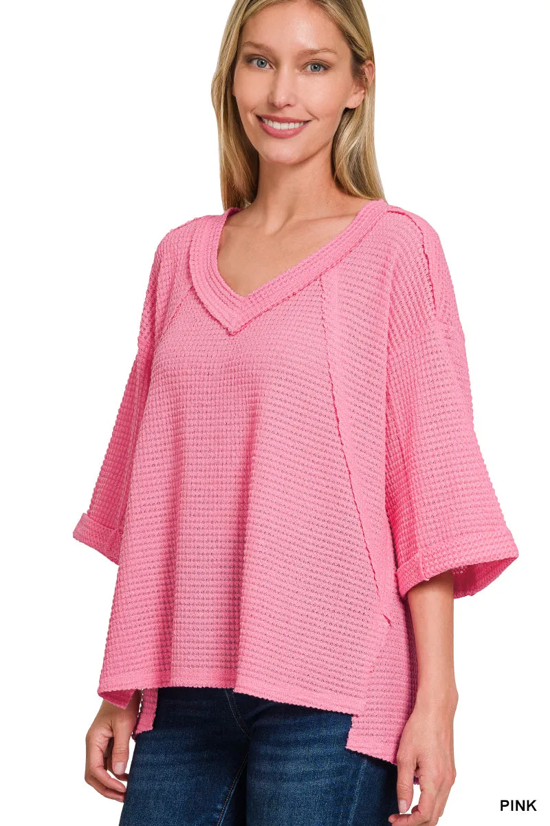 Exposed Seam 3/4 Sleeve Waffle Top