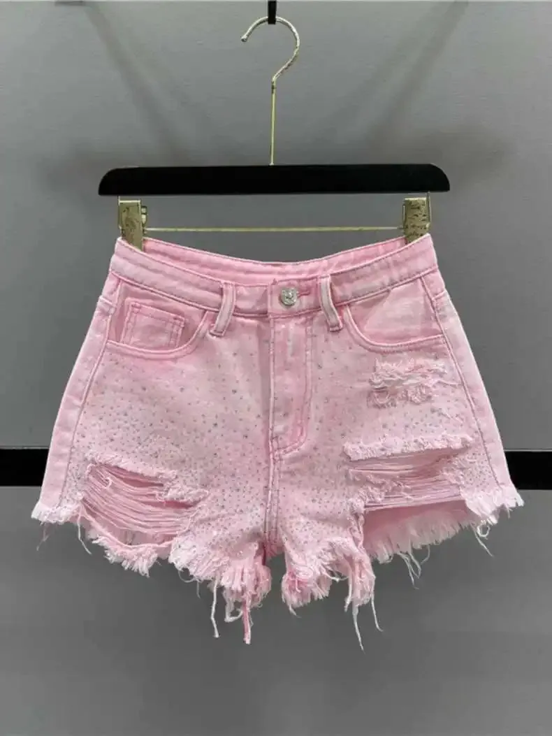 Fashion Rhinestone Diamond Denim Shorts for Women High Waist Ripped Jeans