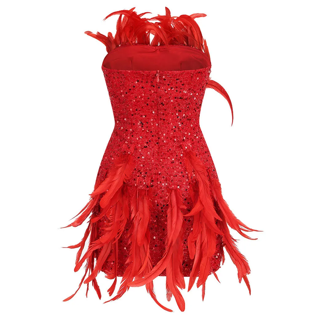 Flattering Feather Trim Sequin Embellished Strapless Bodycon Mini Party Dress