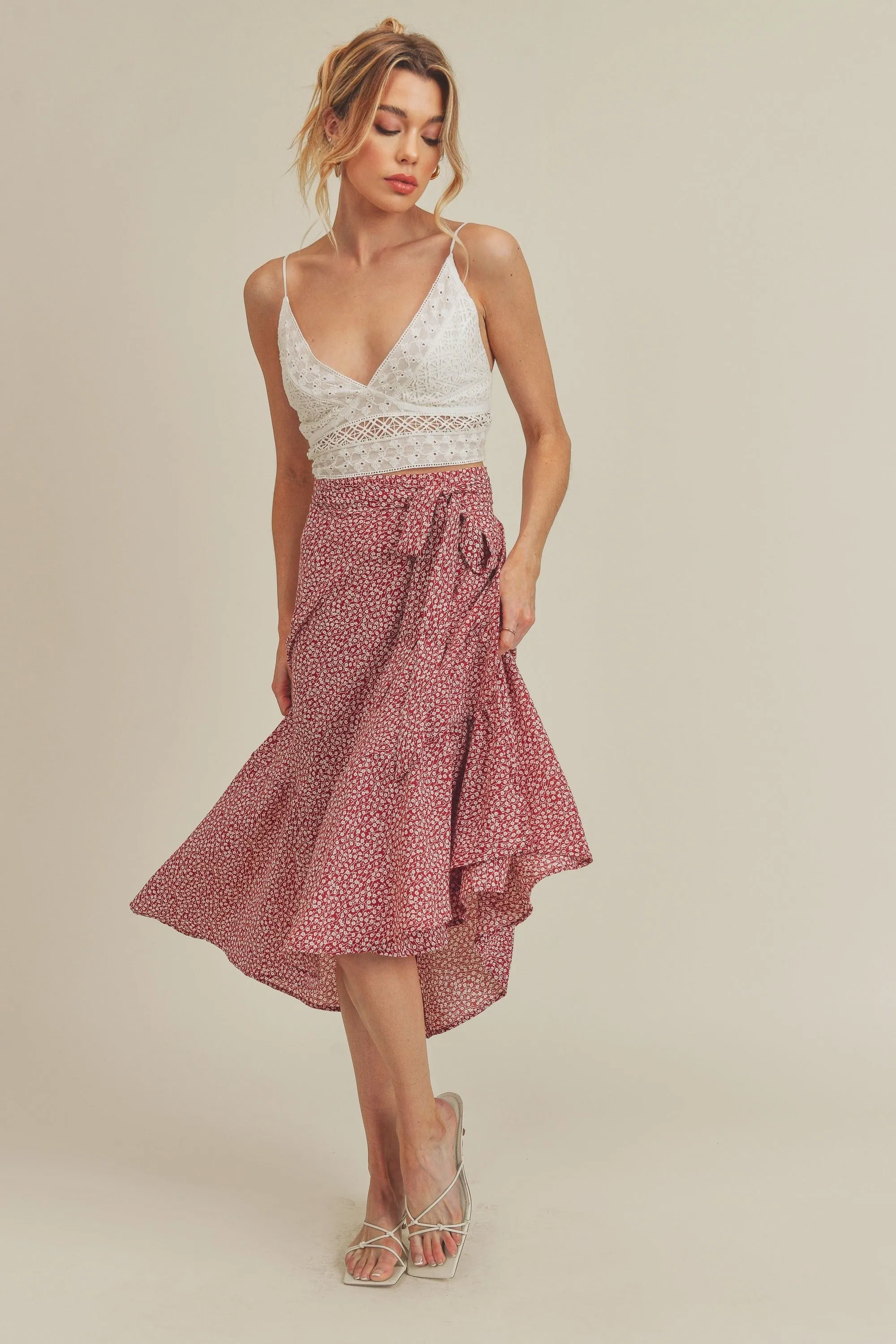 Floral Print Wrap Style Midi Skirt