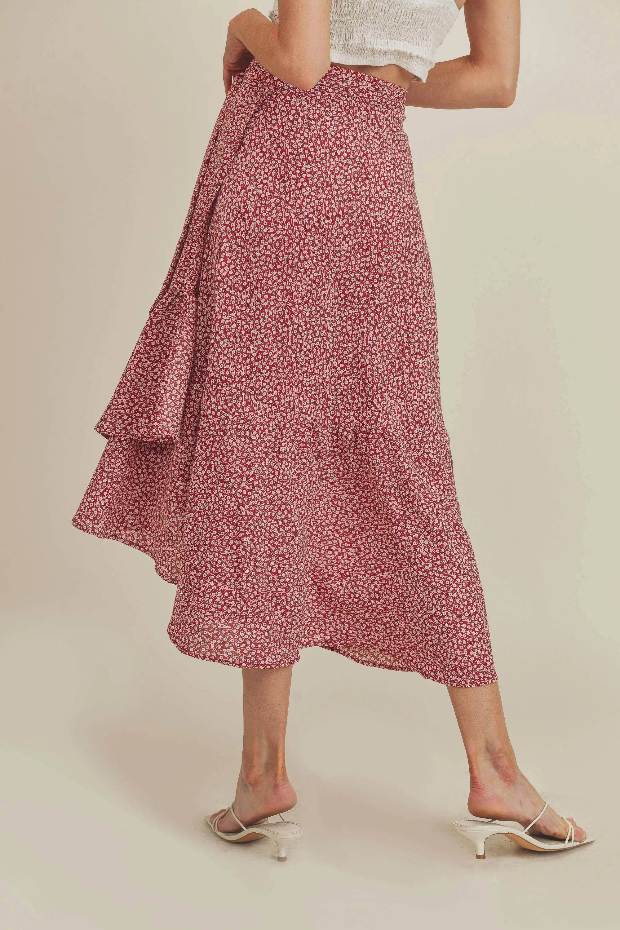 Floral Print Wrap Style Midi Skirt