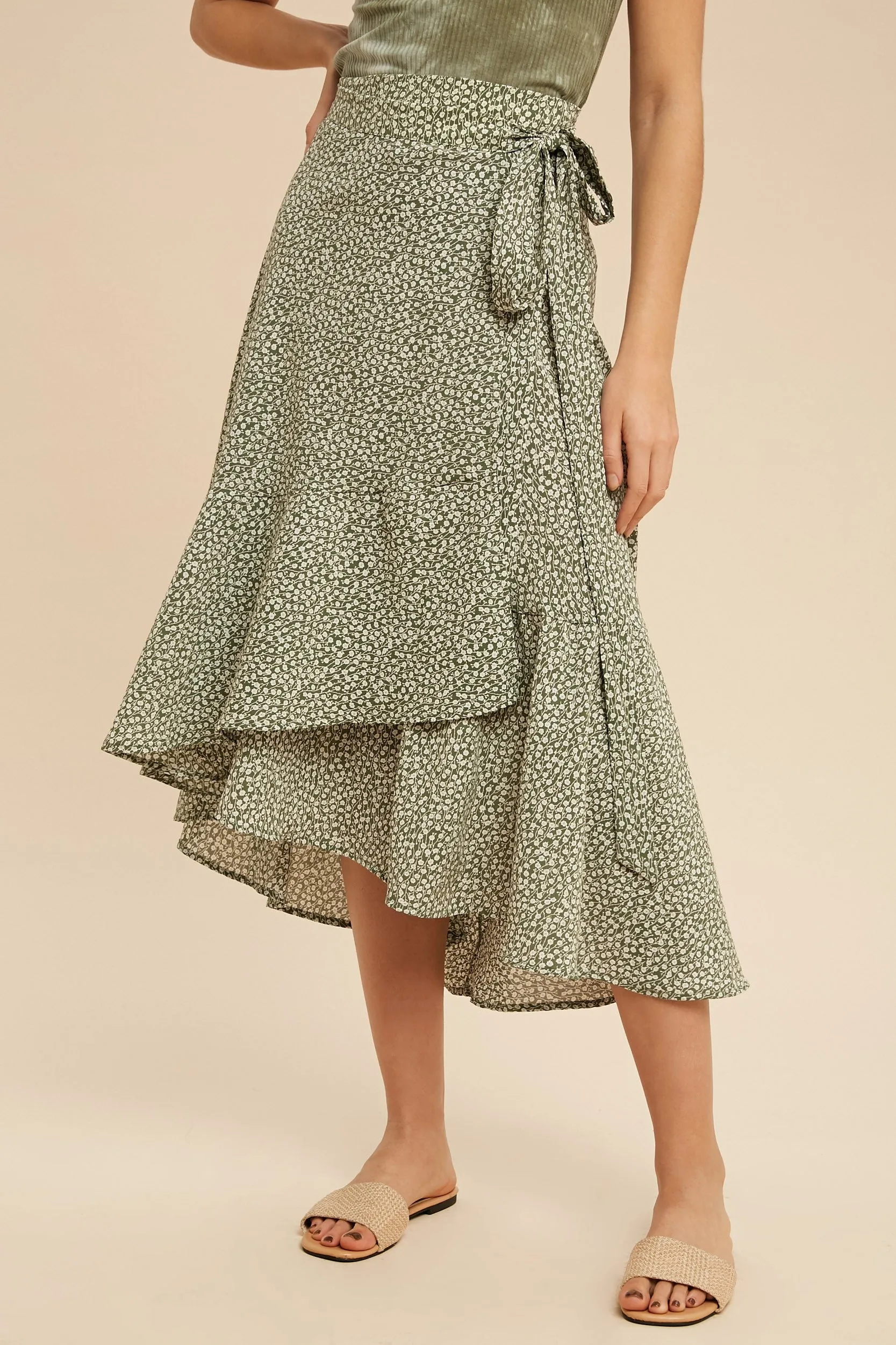 Floral Print Wrap Style Midi Skirt