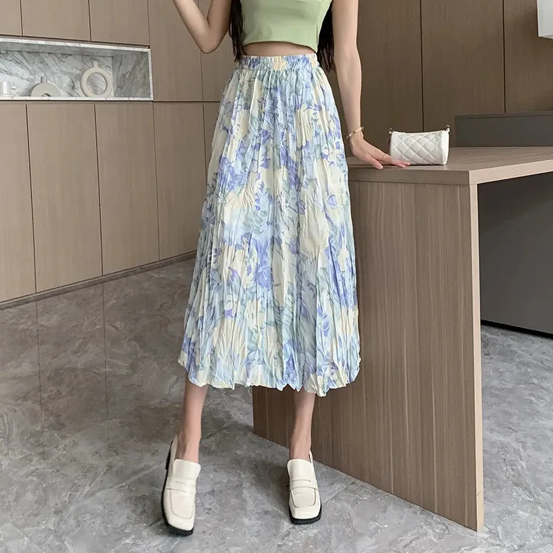 French Style Pleated Elegant Floral Skirts High Waist White Casual Women's Skirts Summer Vacation Skirt Office Ladies