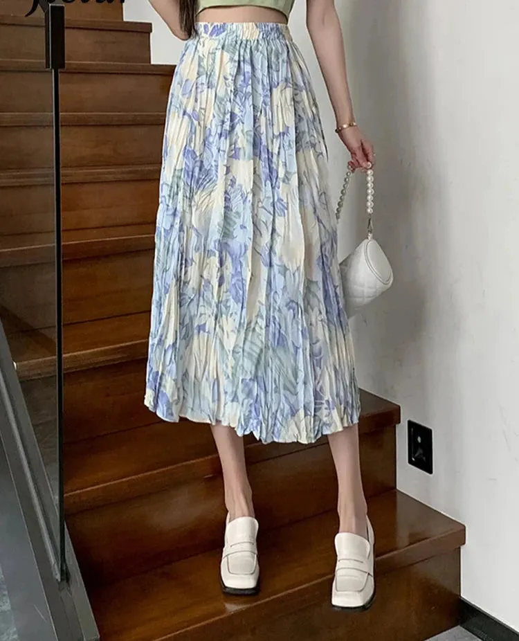 French Style Pleated Elegant Floral Skirts High Waist White Casual Women's Skirts Summer Vacation Skirt Office Ladies