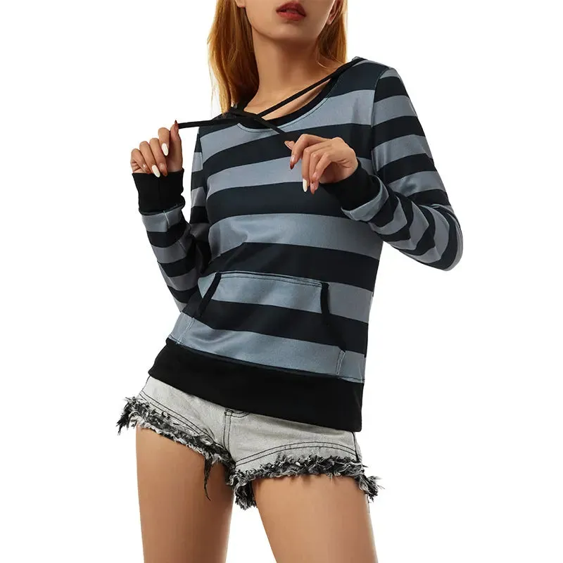 Hoodies Long Sleeve Pockets Striped Hooded Drawstring Tunic T-shirt