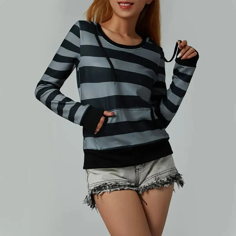 Hoodies Long Sleeve Pockets Striped Hooded Drawstring Tunic T-shirt