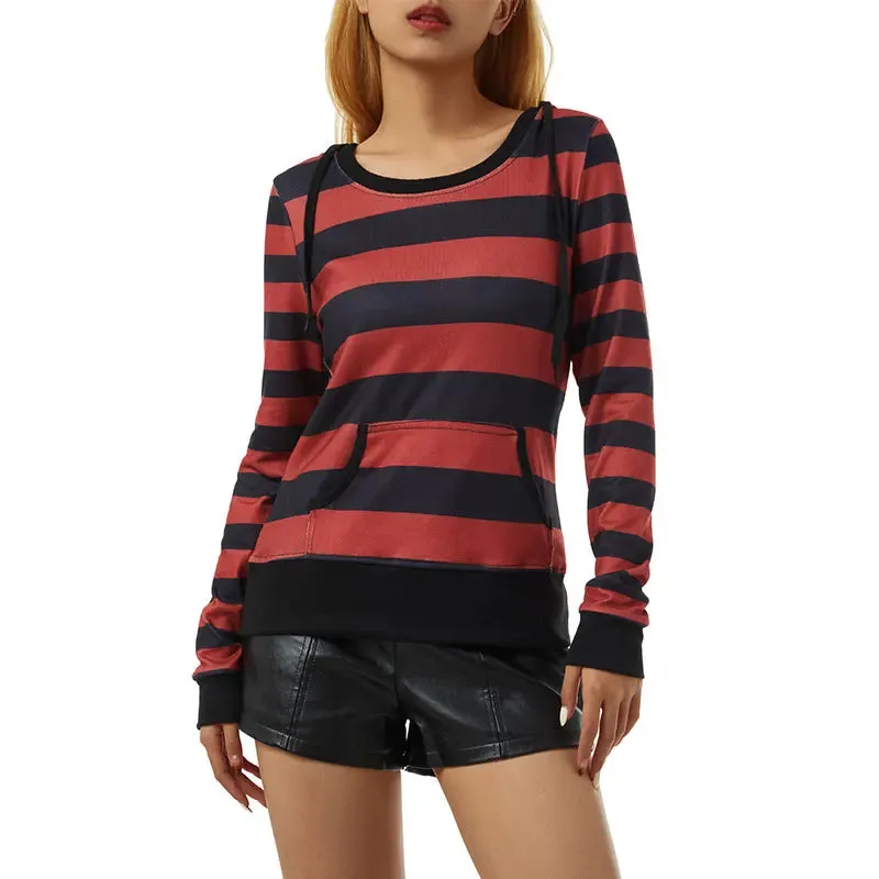 Hoodies Long Sleeve Pockets Striped Hooded Drawstring Tunic T-shirt