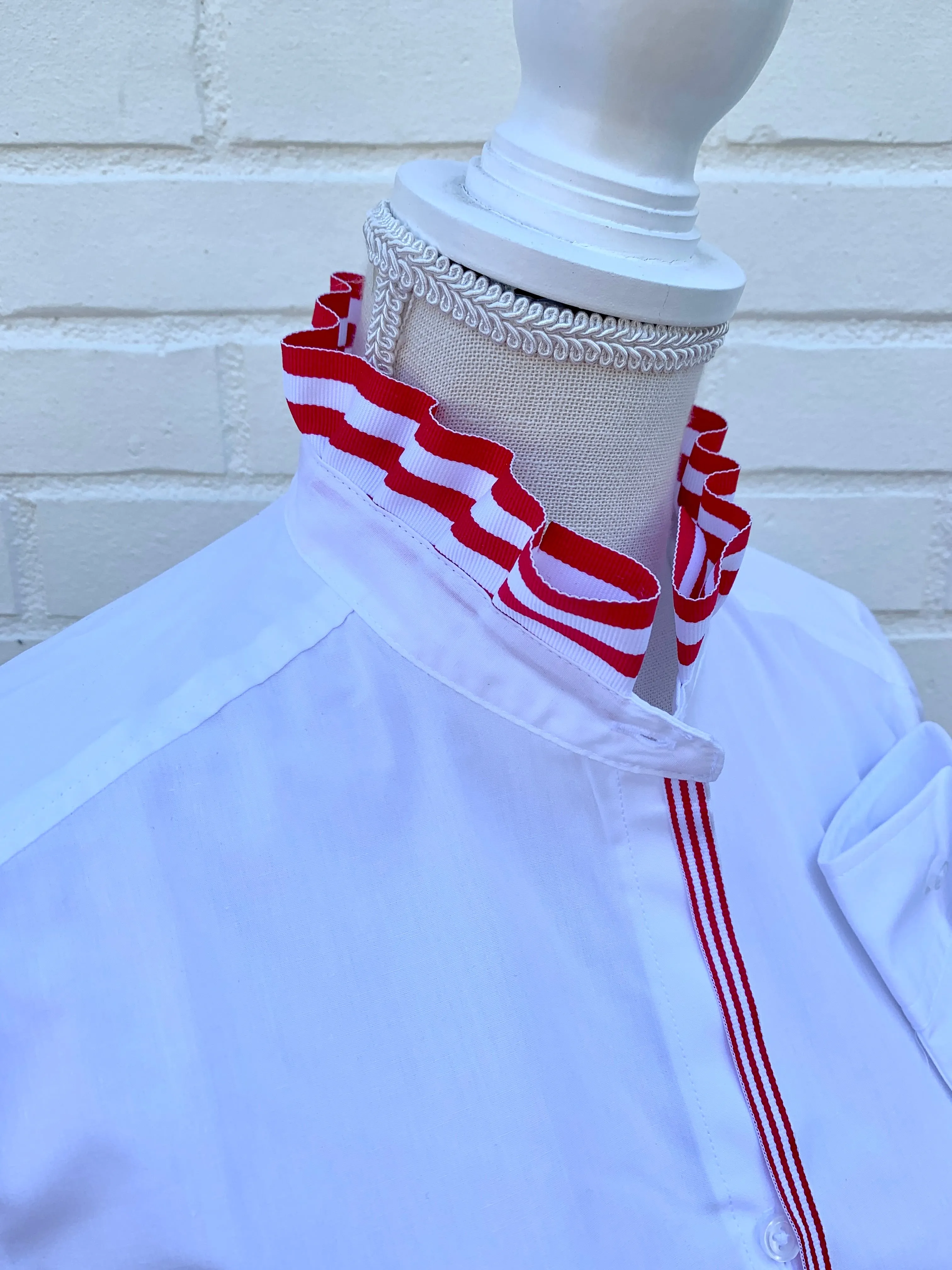 Kate Ruffled Ribbon Collar - White w Red & White Stripe Ribbon (KT04)