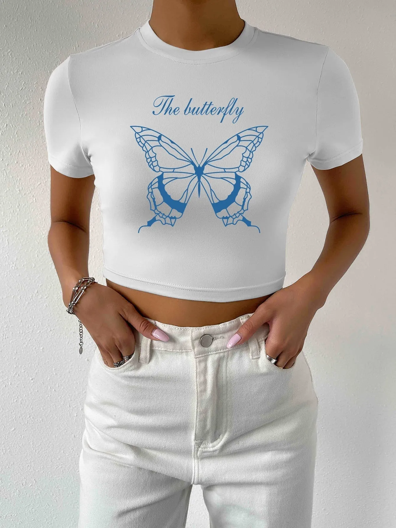 KittenAlarm - Butterfly and Letter Graphic Crop Tee