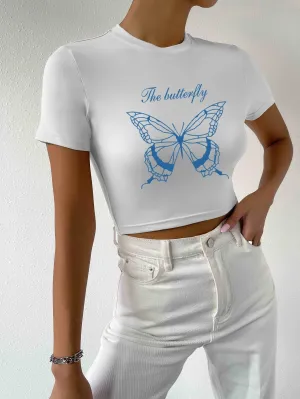 KittenAlarm - Butterfly and Letter Graphic Crop Tee