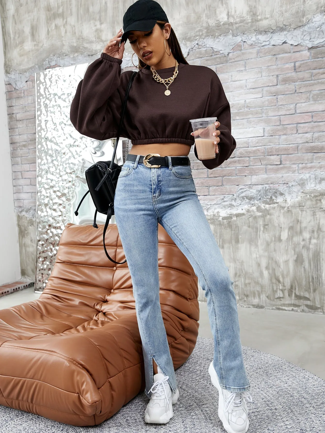 KittenAlarm - Elastic Hem Drop Shoulder Crop Sweatshirt