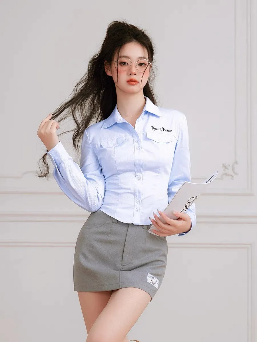 Korean Preppy Style Blue Striped Shirt Crop Top