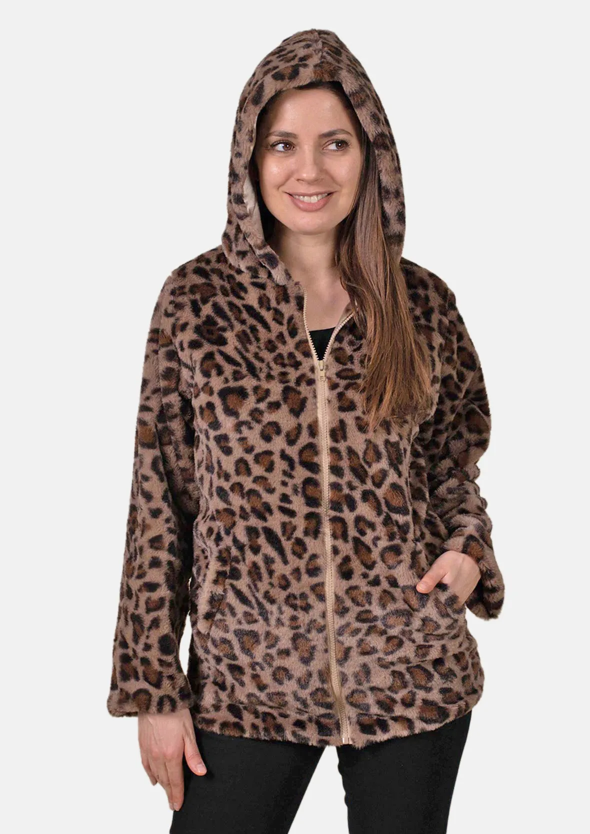 Leopard Faux Fur Coat With Hood