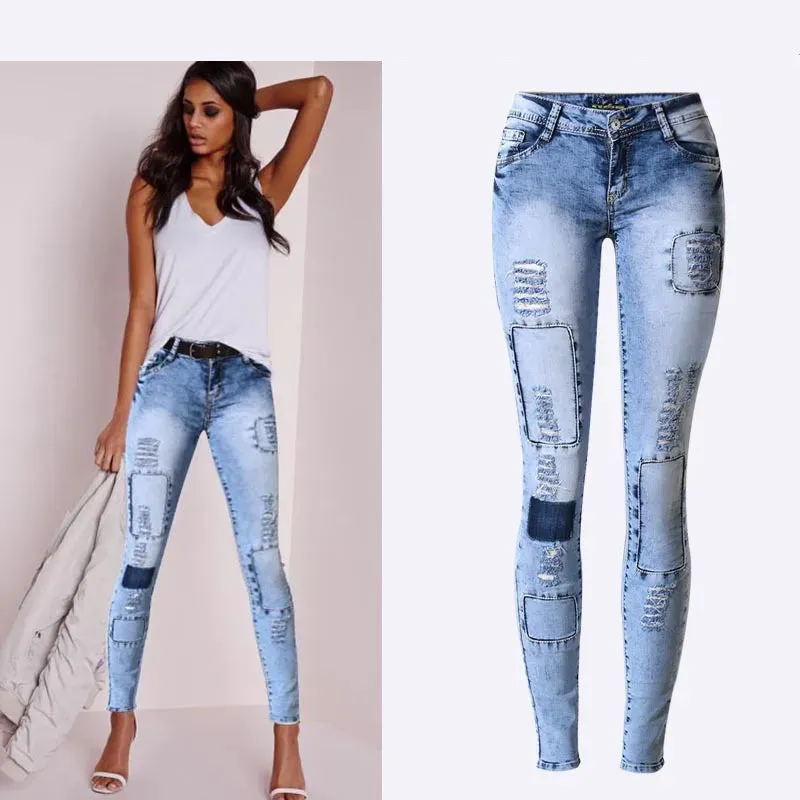 Low Waist Sky Blue Patchwork Skinny Tights Women Jeans High Stretch Push Up Fashion Jeans