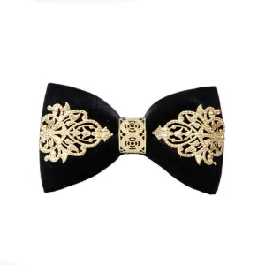 Men's Black Velvet Gold Embellished Bow Tie