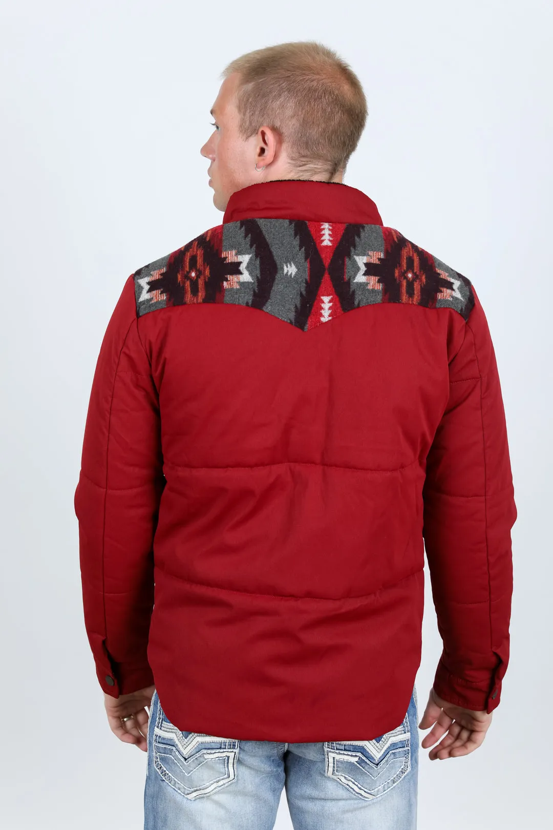 Men's Ethnic Aztec Quilted Fur Lined Twill Jacket - Red