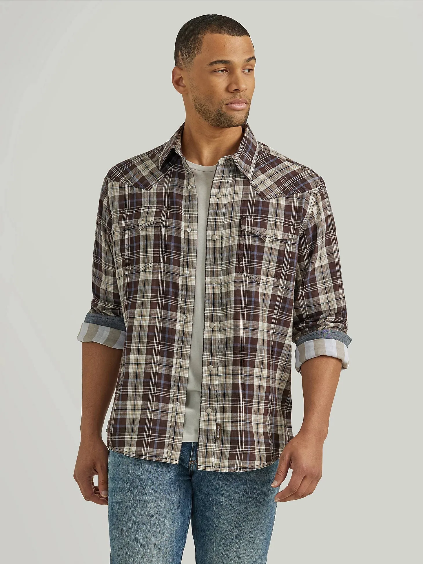 Men's Wrangler Retro Premium Chocolate Plaid Snap Shirt