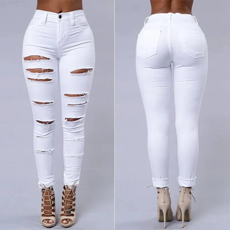 New Elastic Women's Jeans Ripped Fashion Streetwear Skinny Denim Pencil Pants