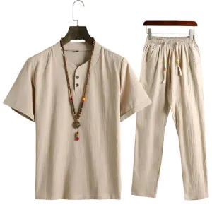 New Men's Solid Linen Short Sleeved Cropped Pants Two Piece Quality Outfits