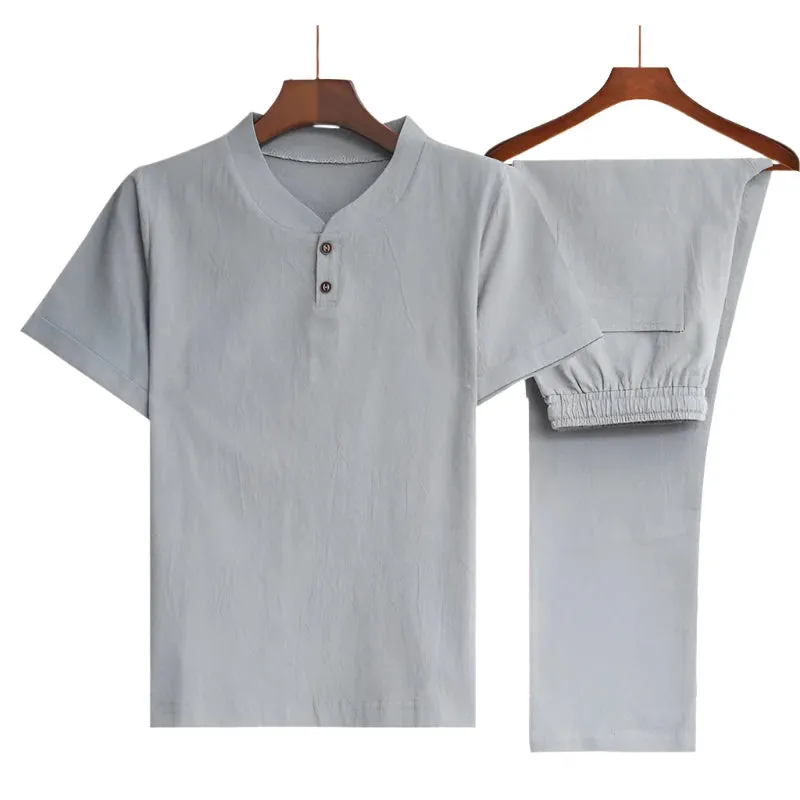 New Men's Solid Linen Short Sleeved Cropped Pants Two Piece Quality Outfits