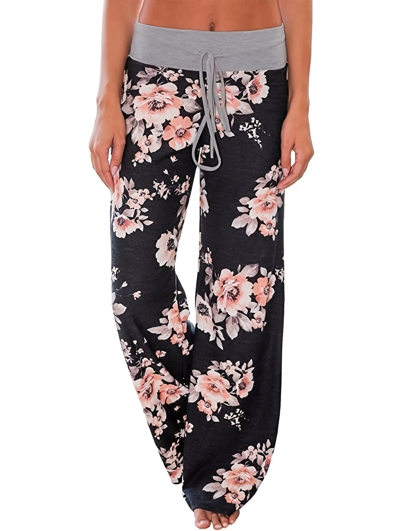 Plus Size Floral Print High Rise Drawstring Long Pants for Women, Offering Slight Stretch and Casual Comfort