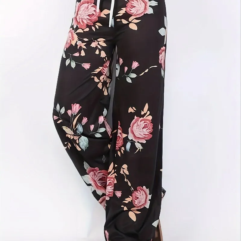 Plus Size Floral Print High Rise Drawstring Long Pants for Women, Offering Slight Stretch and Casual Comfort