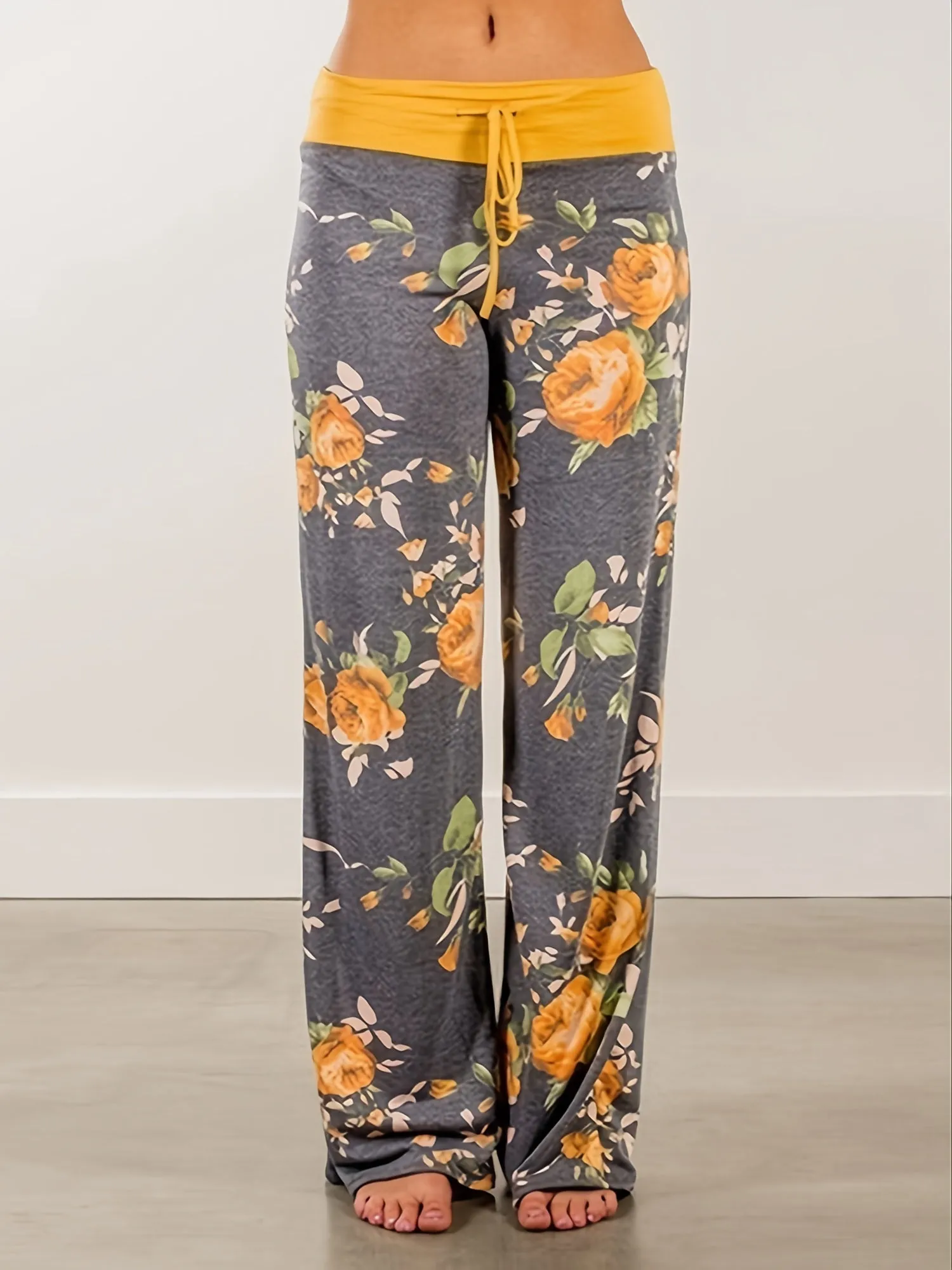 Plus Size Floral Print High Rise Drawstring Long Pants for Women, Offering Slight Stretch and Casual Comfort